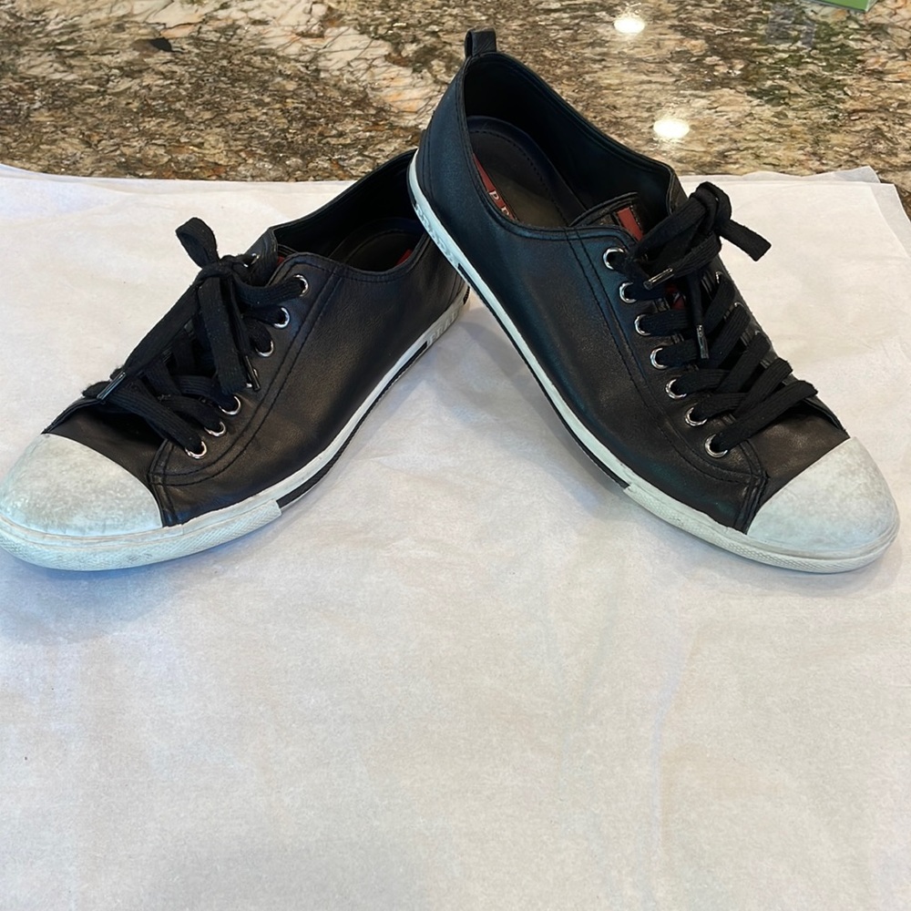Prada black with white trim sneakers